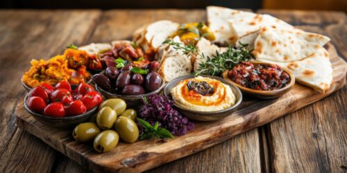 Mediterrane Vorspeisenplatte mit Oliven, Hummus, Käse, Brot und Antipasti auf Holzbrett