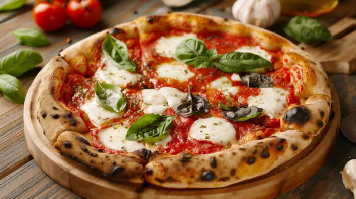 Frisch gebackene Pizza Margherita mit Mozzarella und Basilikum