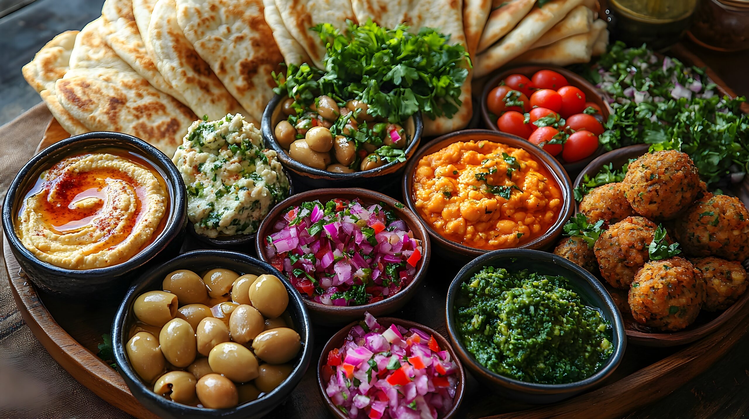 Vielfältige Mezze-Auswahl mit Oliven, Dips, Kräutern, Brot und frischem Gemüse