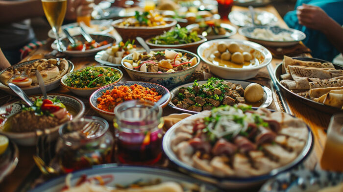 Reich gedeckter Tisch mit traditionellen griechischen Mezze und warmen Speisen