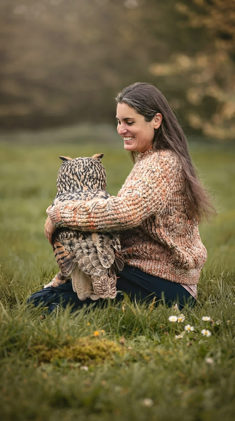 Besucherin bei der Falknerei Skyhunters in Frechen tankt Kraft in der Natur und erlebt einen ruhigen Moment mit einer Eule auf der Wiese