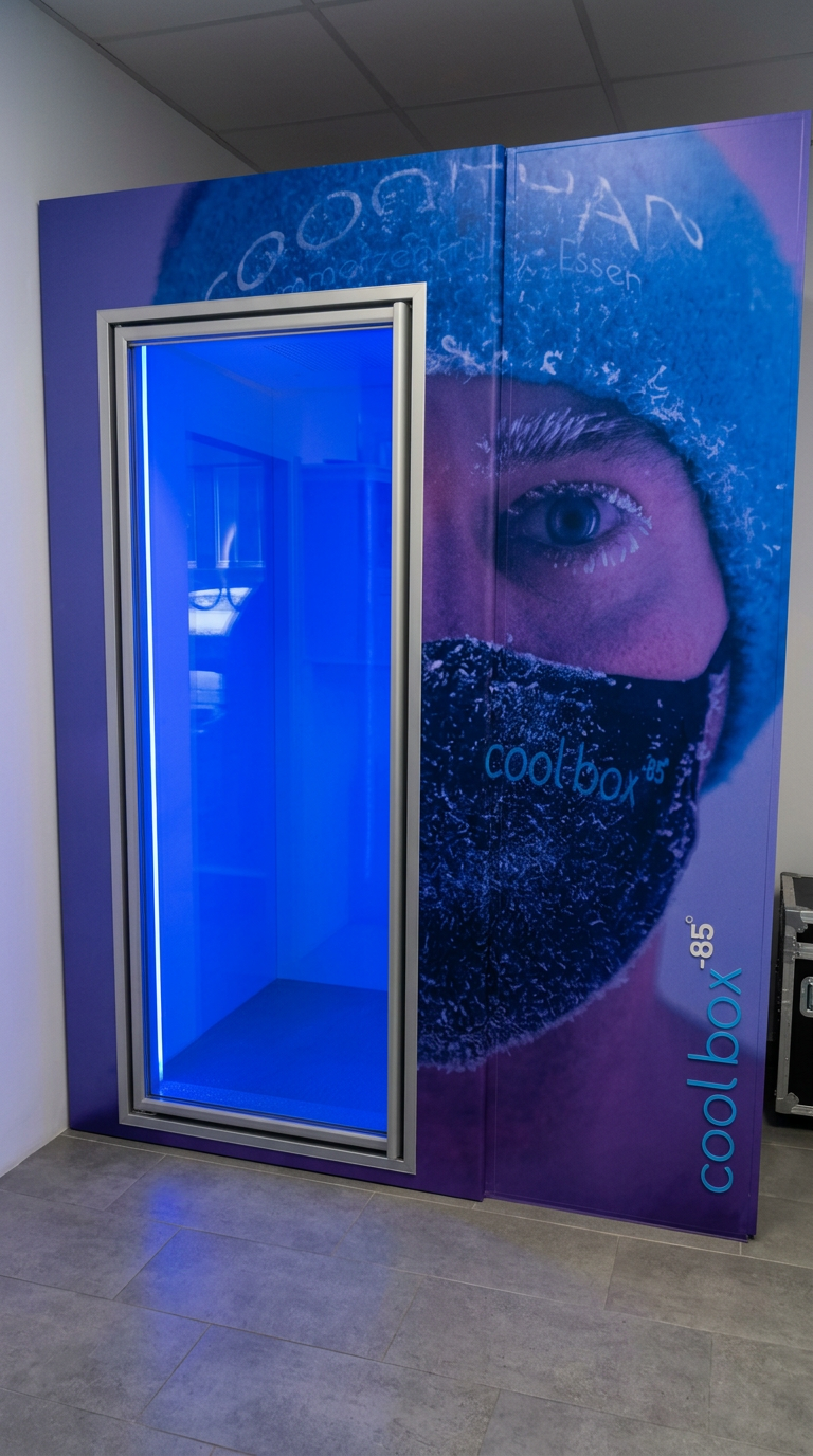 Kältekammer bei Coolbox Essen – moderne Kryotherapie Kabine für intensive Kälteanwendungen zur Regeneration, Erholung und Leistungsförderung