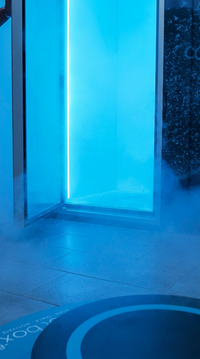 Kältekammer bei Coolbox Essen – moderne Kryotherapie Kabine mit Nebeleffekt zur Förderung von Regeneration, Erholung und körperlichem Wohlbefinden