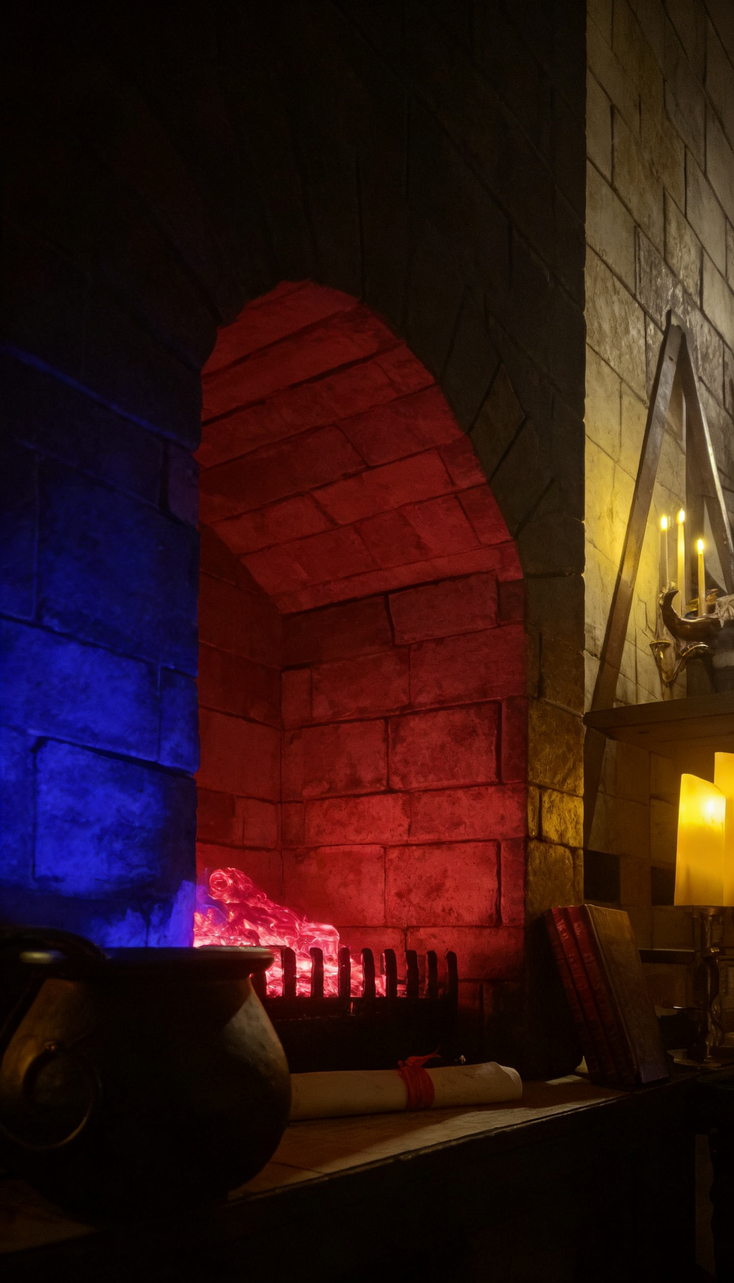 Mystisches Escape Room Ambiente mit Kerzenschein, steinernen Bögen und stimmungsvoller Beleuchtung in einer geheimnisvollen Kammer