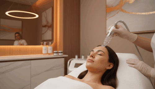 Junge Frau bei moderner Aquafacial-Behandlung im Esthetic Spa Mannheim – stilvoller Behandlungsraum mit hochwertiger Kosmetikausstattung