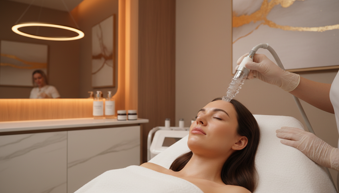 Junge Frau bei moderner Aquafacial-Behandlung im Esthetic Spa Mannheim – stilvoller Behandlungsraum mit hochwertiger Kosmetikausstattung