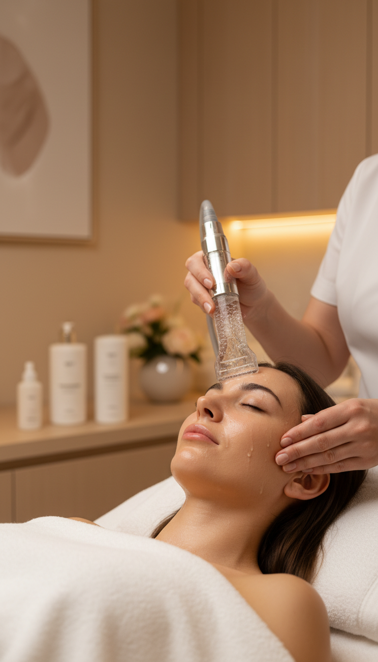 Nahaufnahme einer Aquafacial-Behandlung im Esthetic Spa Mannheim – schonende Gesichtsreinigung mit moderner Technologie