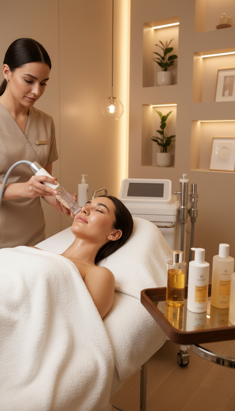 Aquafacial-Gesichtsbehandlung bei Esthetic Spa Mannheim – Kundin entspannt in stilvollem Behandlungsraum mit hochwertigen Pflegeprodukten