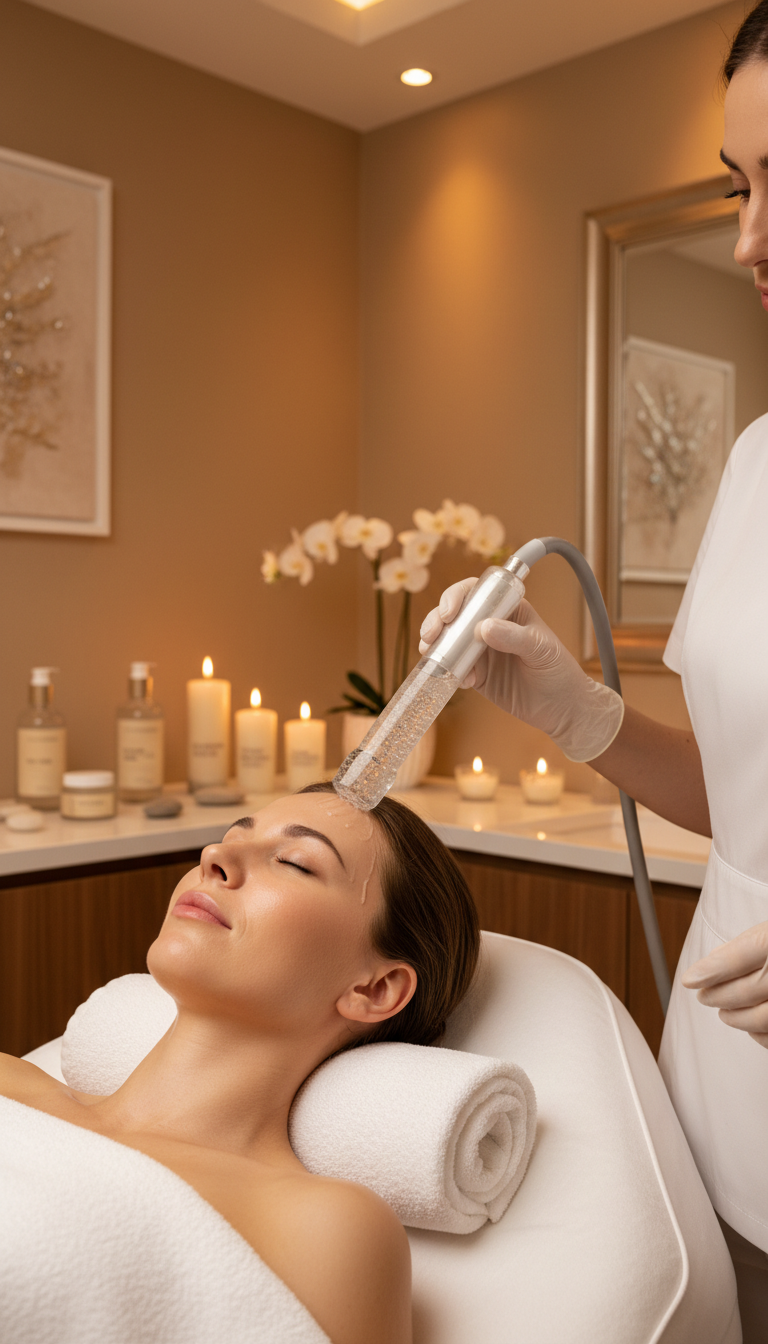 Aquafacial-Behandlung im Esthetic Spa Mannheim – Kundin entspannt sich bei Kerzenschein in stilvoll eingerichteter Kabine