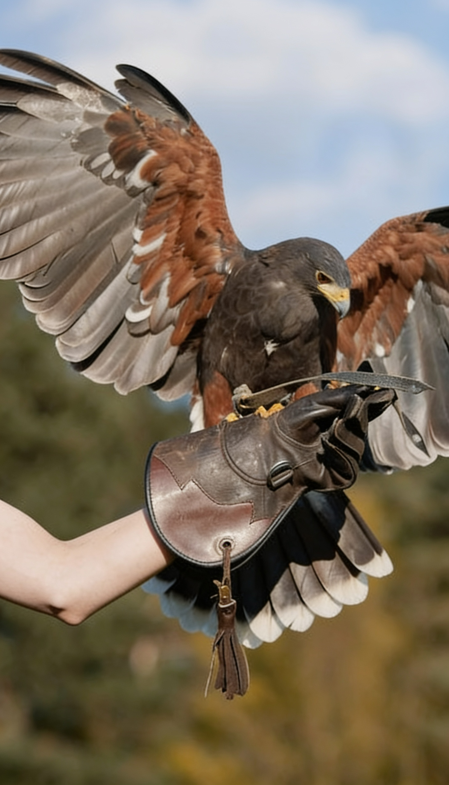 Freifliegender Wüstenbussard beim Hawk Walk der Falknerei Skyhunters in Frechen, während der Greifvogel im Anflug auf den Arm einer Teilnehmerin ist