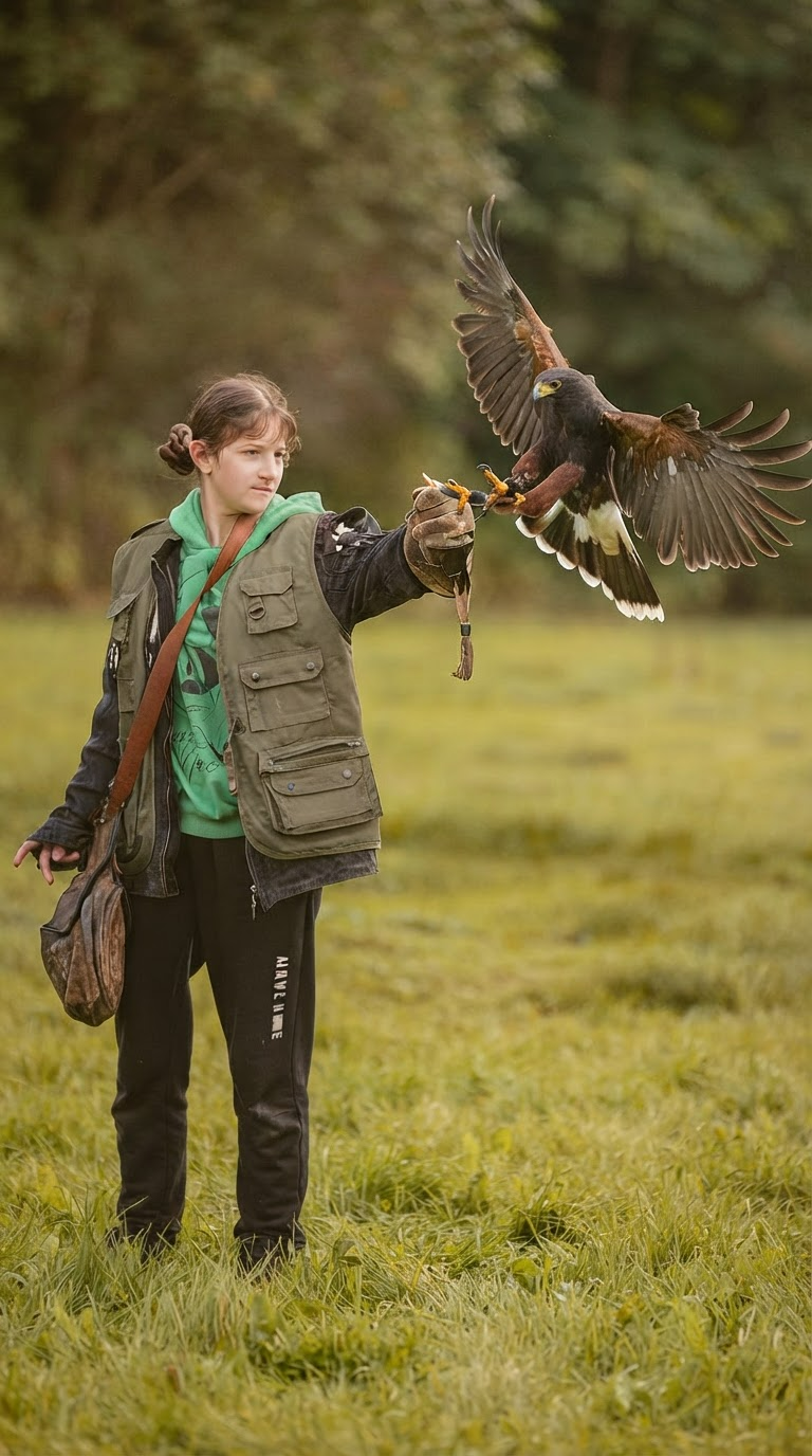 Freifliegender Wüstenbussard beim Hawk Walk der Falknerei Skyhunters in Frechen, während der Greifvogel im Anflug auf den Arm einer Teilnehmerin ist