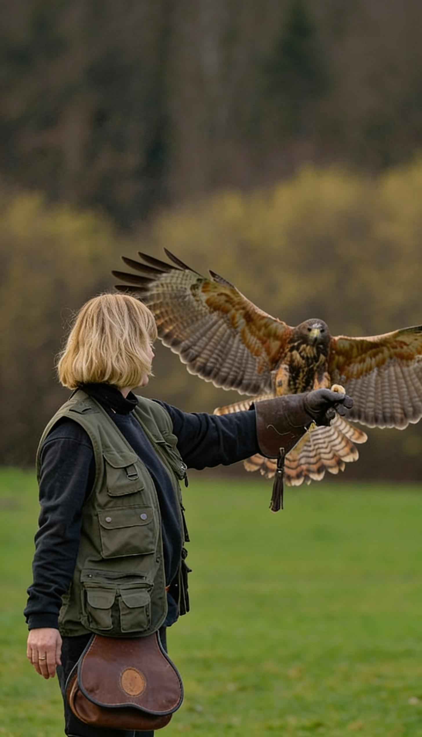 Freifliegender Wüstenbussard beim Hawk Walk der Falknerei Skyhunters in Frechen, während der Greifvogel auf dem ausgestreckten Arm einer Teilnehmerin landet