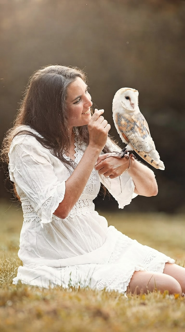 Besucherin bei der Falknerei Skyhunters in Frechen mit einer Schleiereule auf dem Arm während eines besonderen Greifvogel Erlebnisses auf der Wiese