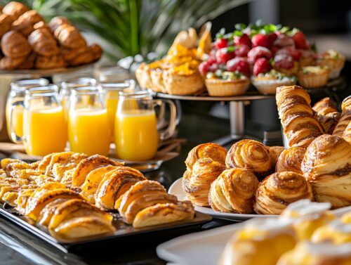 Frisch angerichtetes kontinentales Frühstück mit Croissants, Gebäck, Obsttörtchen und Orangensaft im ISM Dortmund Foodspot