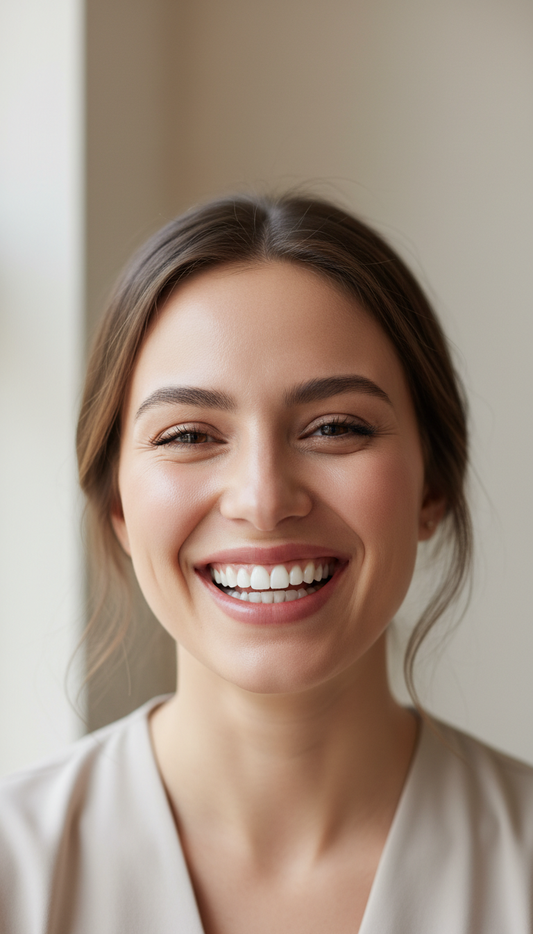Lächelnde Frau mit natürlich weißen Zähnen nach einer professionellen Zahnaufhellung bei Ceaness in Wetzlar