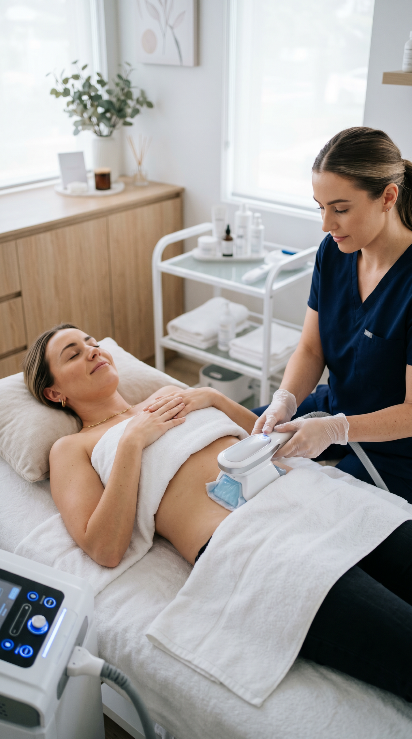 Kryolipolyse Behandlung am Bauch bei Leyla's Hydrafacial & Skincare – nicht invasive Kälteanwendung zur gezielten Fettreduktion im Bauchbereich