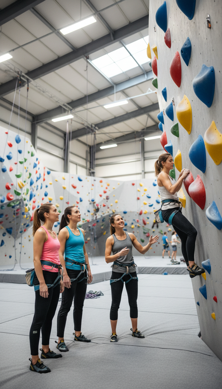 Vier Frauen beim gemeinsamen Klettern in der MOVE Kletterhalle Düsseldorf – Indoor-Kletterwand mit farbigen Griffen und professioneller Sicherung