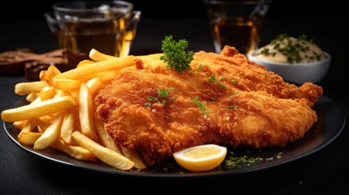 Knuspriges Schnitzel mit Pommes, Zitronenscheibe und Petersilie auf einem Teller serviert