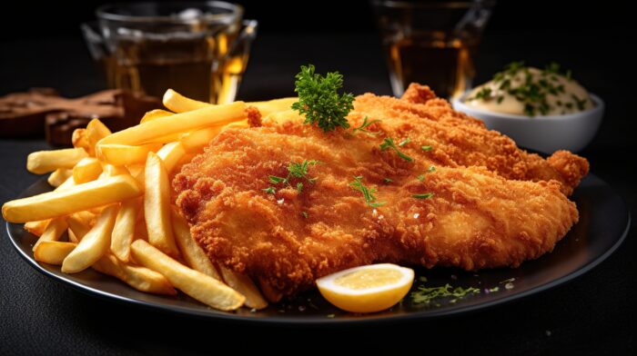 Knuspriges Schnitzel mit Pommes, Zitronenscheibe und Petersilie auf einem Teller serviert