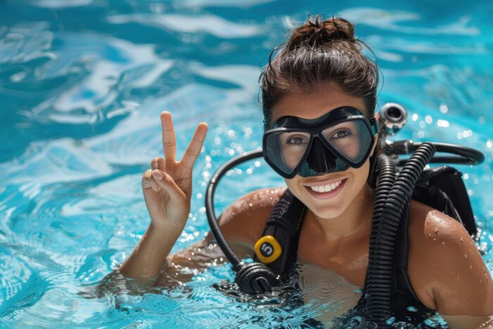 Lächelnde Teilnehmerin des Schnuppertauchens zeigt das Peace-Zeichen im Pool des Tauchcenters Wuppertal