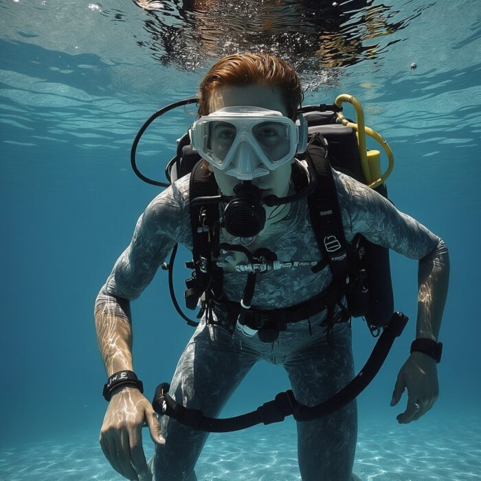 Taucher unter Wasser mit vollständiger Ausrüstung im Tauchcenter Wuppertal beim Scuba Diver Tauchschein