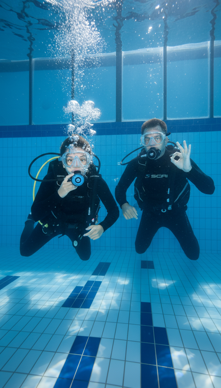Zwei Teilnehmer im Tauchkurs der Tauchschule Wuppertal bei einer Unterwasserübung im Schwimmbecken – mit kompletter Ausrüstung und OK-Zeichen