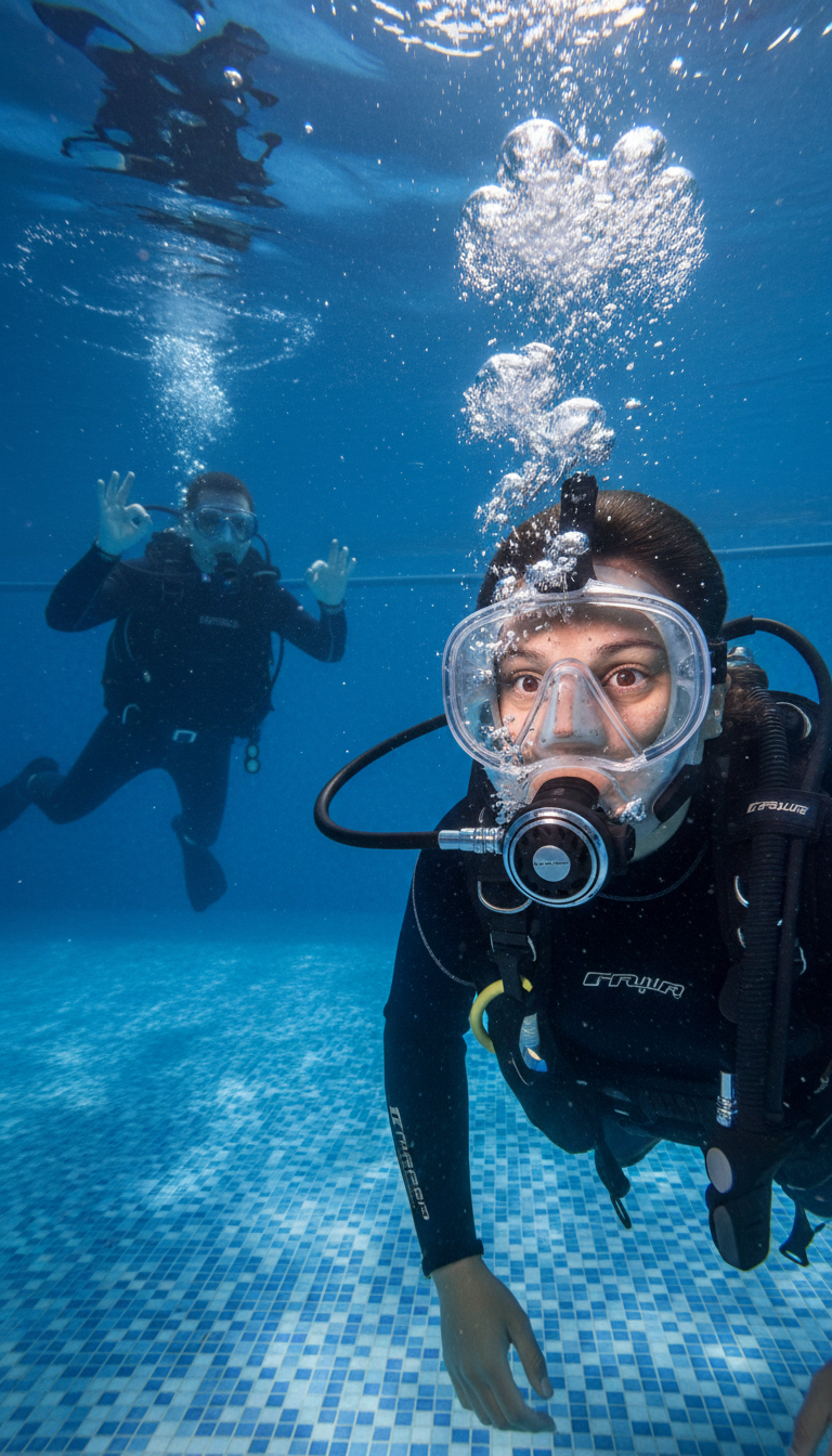 Zwei Taucher bei einer Unterwasserübung im Tauchkurs der Tauchschule Wuppertal – Nahaufnahme mit voller Tauchausrüstung im Pool