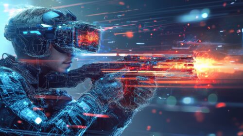  Seitliche Nahaufnahme eines Spielers mit VR-Brille und virtuellem Gewehr bei einem actiongeladenen Virtual-Reality-Spiel bei Zero Latency VR in Dortmund. Grafische Licht- und Geschwindigkeitseffekte visualisieren das dynamische Spielgeschehen.