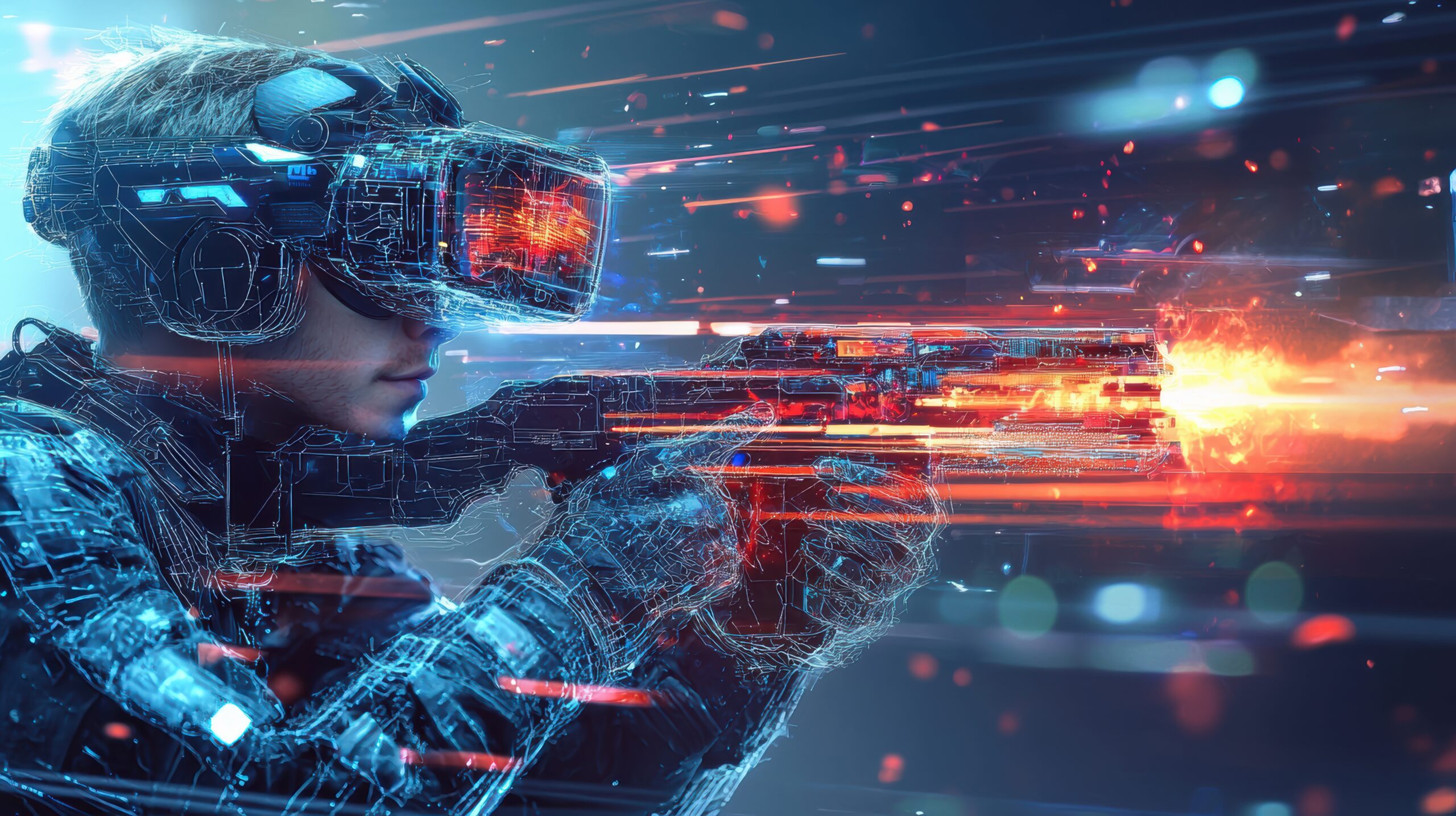 Seitliche Nahaufnahme eines Spielers mit VR-Brille und virtuellem Gewehr bei einem actiongeladenen Virtual-Reality-Spiel bei Zero Latency VR in Dortmund. Grafische Licht- und Geschwindigkeitseffekte visualisieren das dynamische Spielgeschehen.