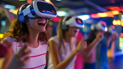 Glückliche Gruppe von Freundinnen mit Virtual-Reality-Brillen, die gemeinsam ein spannendes VR-Spiel bei Zero Latency VR Dortmund erleben. Sie lachen und zeigen enthusiastisch auf Inhalte in der virtuellen Umgebung.