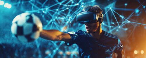 Ein Mann trägt eine VR-Brille und taucht in die immersive Virtual-Reality-Welt von Zero Latency VR Dortmund ein. Im Hintergrund sind abstrakte, vernetzte Linien dargestellt, die die virtuelle Realität symbolisieren.