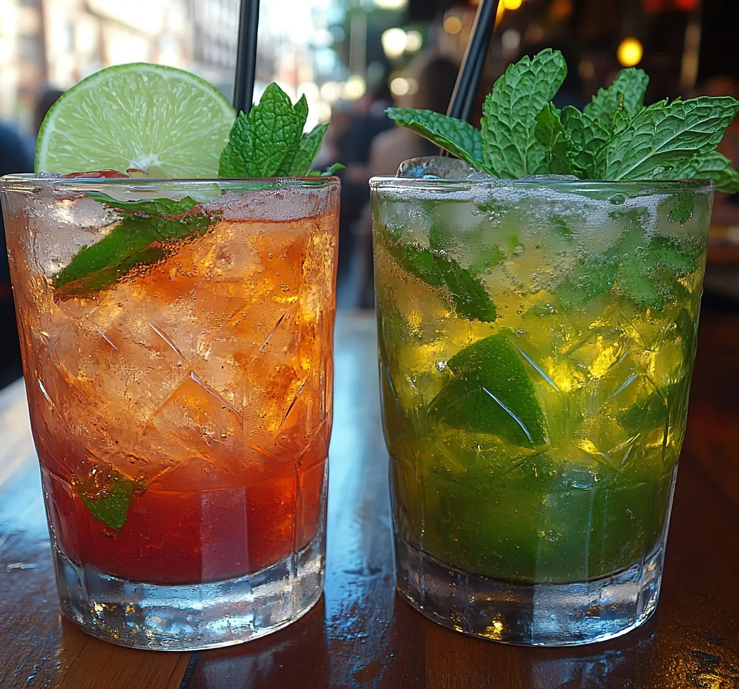Zwei bunte Cocktails auf einem Holztisch – einer rot mit Limettenscheibe und Minze, der andere grün-gelb mit frischer Minze und Crushed Ice, serviert mit Strohhalm