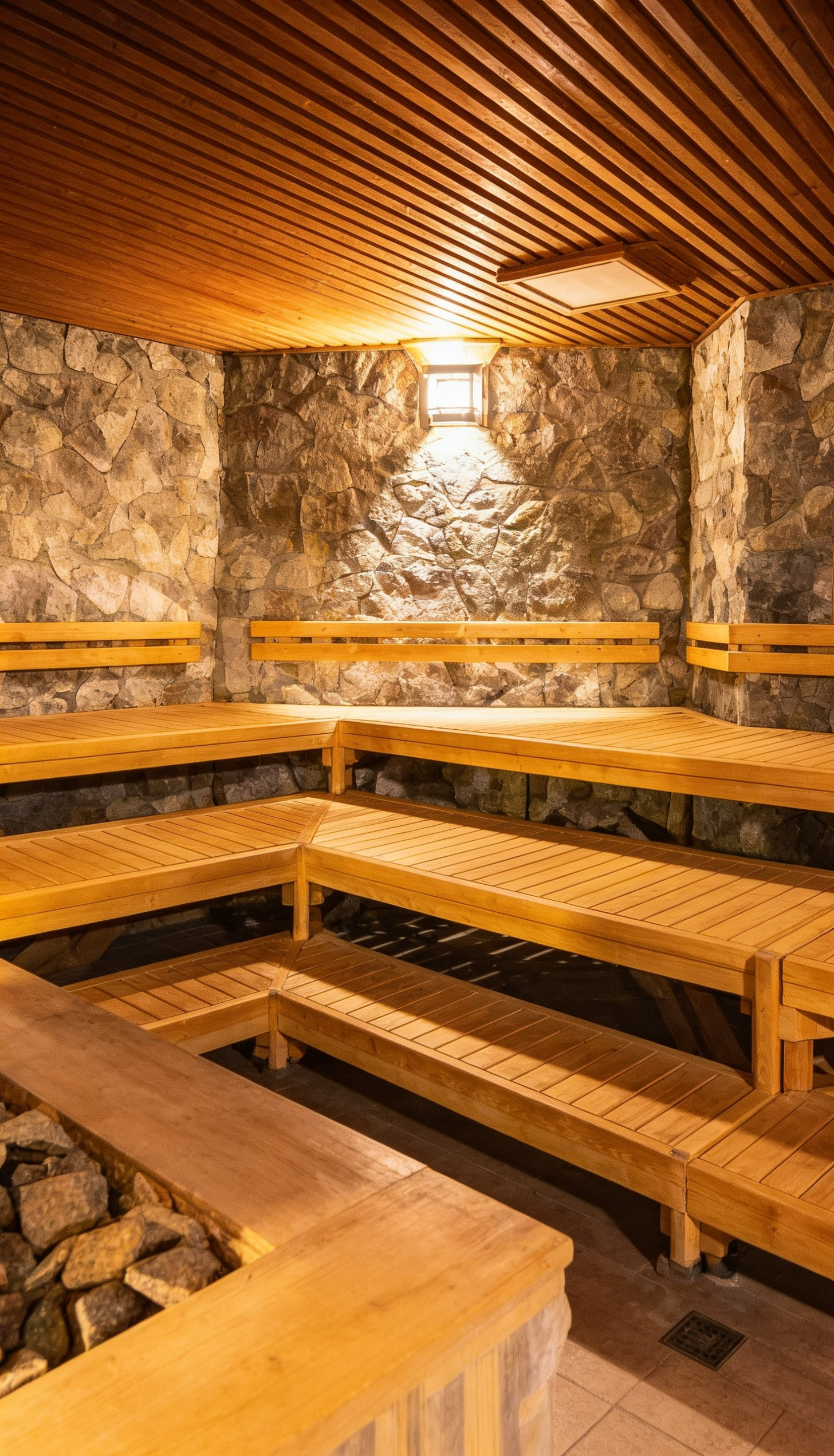 Felsensauna im Aqualand Köln – rustikaler Saunabereich mit Natursteinwänden, Holzbänken und traditionellem Saunaofen
