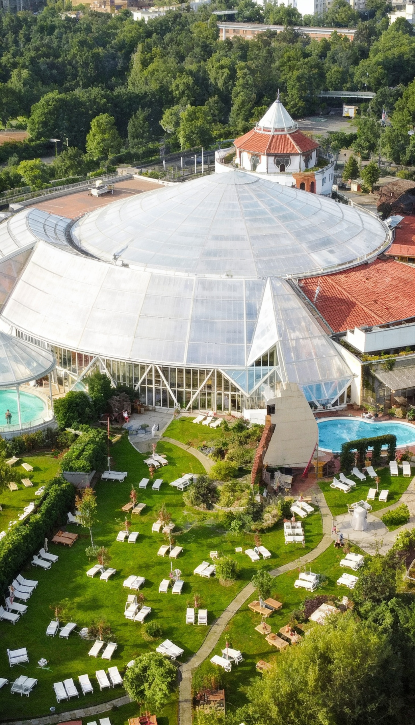 Luftaufnahme des Aqualand Köln – großer Außenbereich mit Therme, Liegewiese, Pools und moderner Freizeitbadanlage