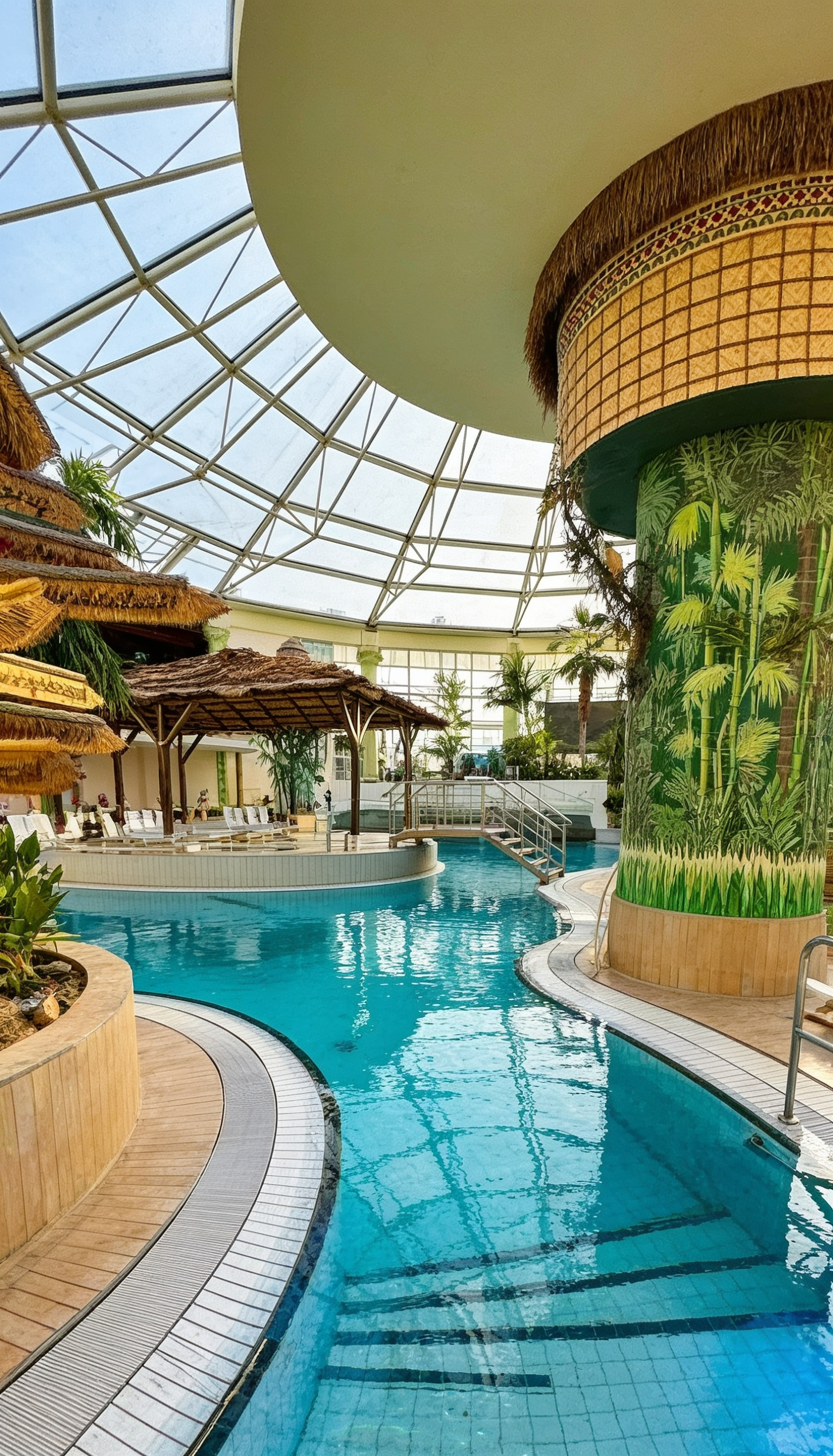Tropische Poollandschaft im Aqualand Köln – großzügiger Thermenbereich mit Palmenmotiven, Wasserbecken und Urlaubsatmosphäre unter einer Glasdachkonstruktion