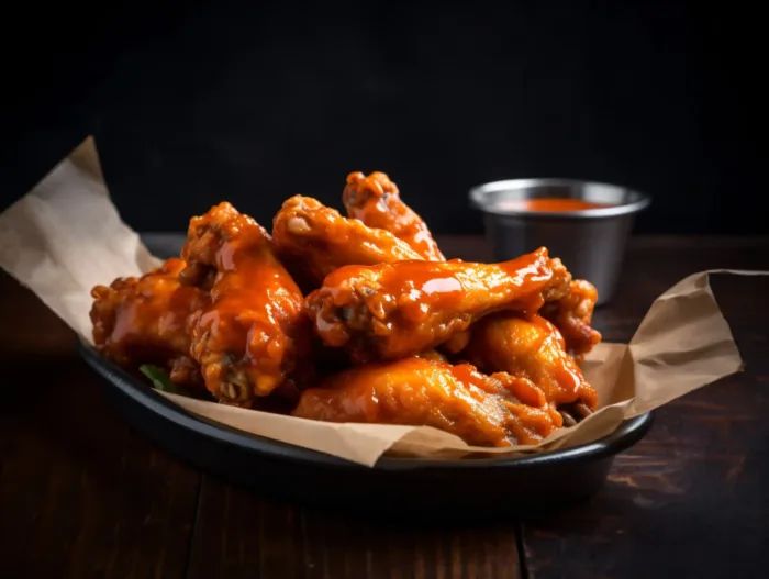 Buffalo Chicken Wings auf einer dunklen Schale mit Backpapier, serviert mit einem Dip im Hintergrund