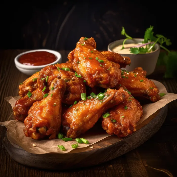 Knusprige Chicken Wings mit Glasur, serviert auf Backpapier mit frischen Kräutern, dazu zwei Dips in Schalen im Hintergrund