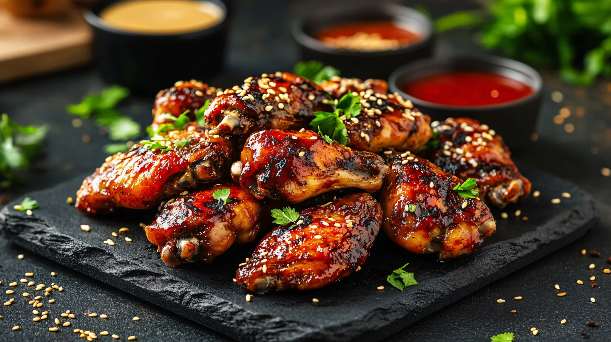 Würzige Chicken Wings mit Sesam – perfekt gegrillt und serviert mit Dips