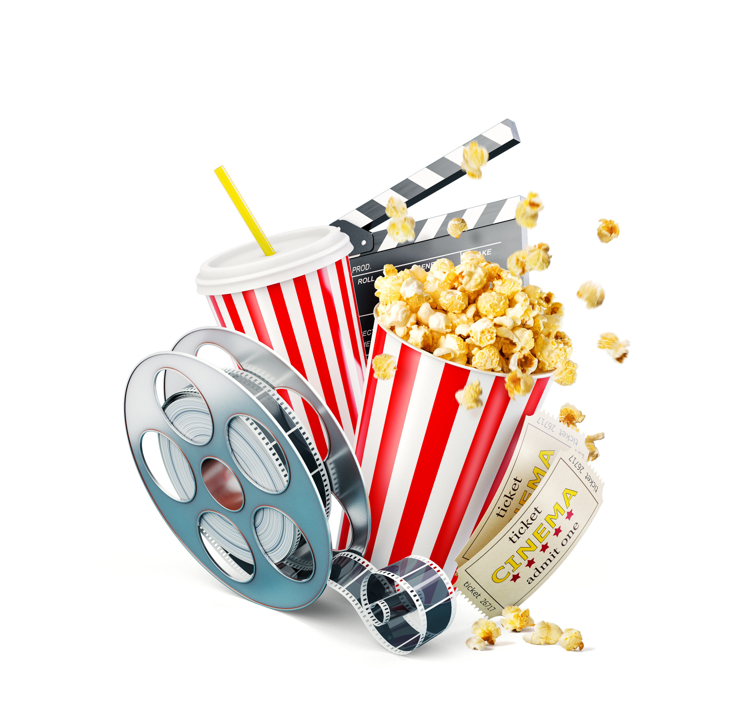 Popcornbecher, Getränk mit Strohhalm, Filmklappe und Filmrolle auf weißem Hintergrund – klassische Symbole für Kinoabend und Filmgenuss