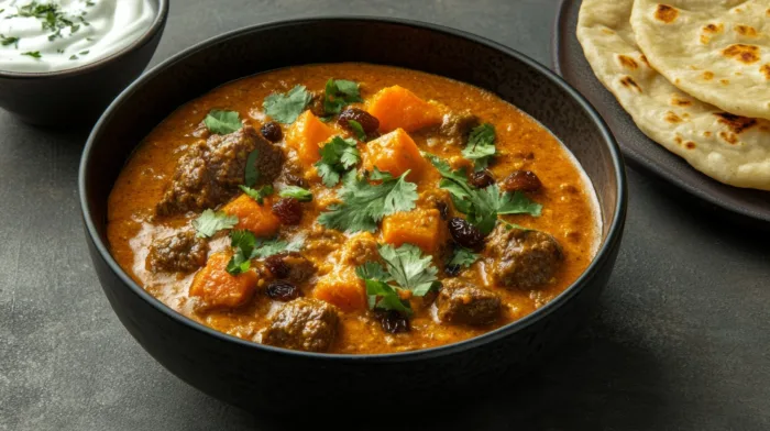 Schale mit würzigem Curry aus Lammbällchen, Kürbisstücken, Kichererbsen und frischem Koriander, daneben ein Stück Naanbrot