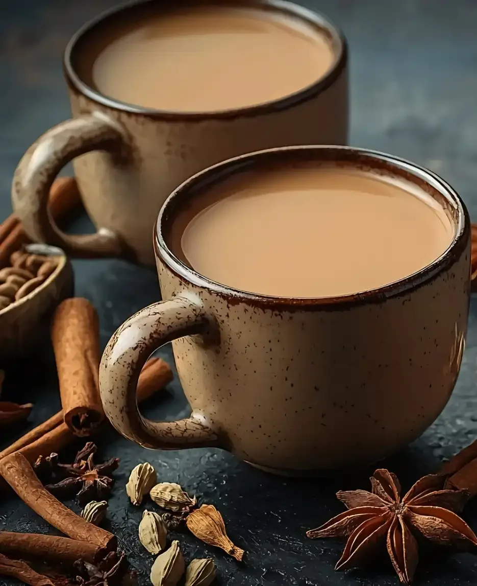 Zwei Tassen Mocca in rustikalen Tonbechern, umgeben von orientalischen Gewürzen wie Zimt, Kardamom und Anis auf dunklem Untergrund