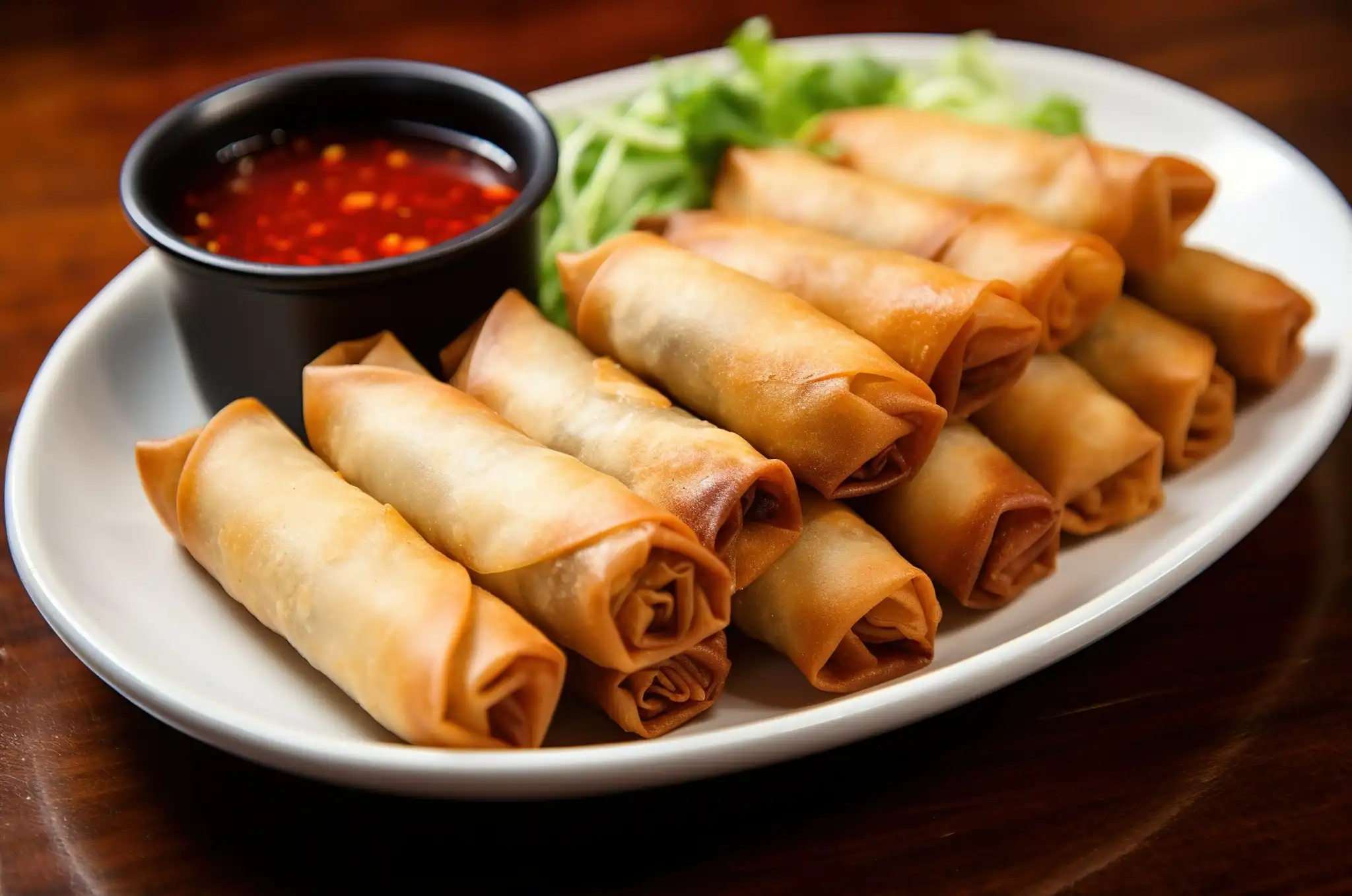 Knusprige Frühlingsrollen auf einem weißen Teller, serviert mit süß-saurer Chilisauce und frischem Salatbeet im Saigon and More Herten