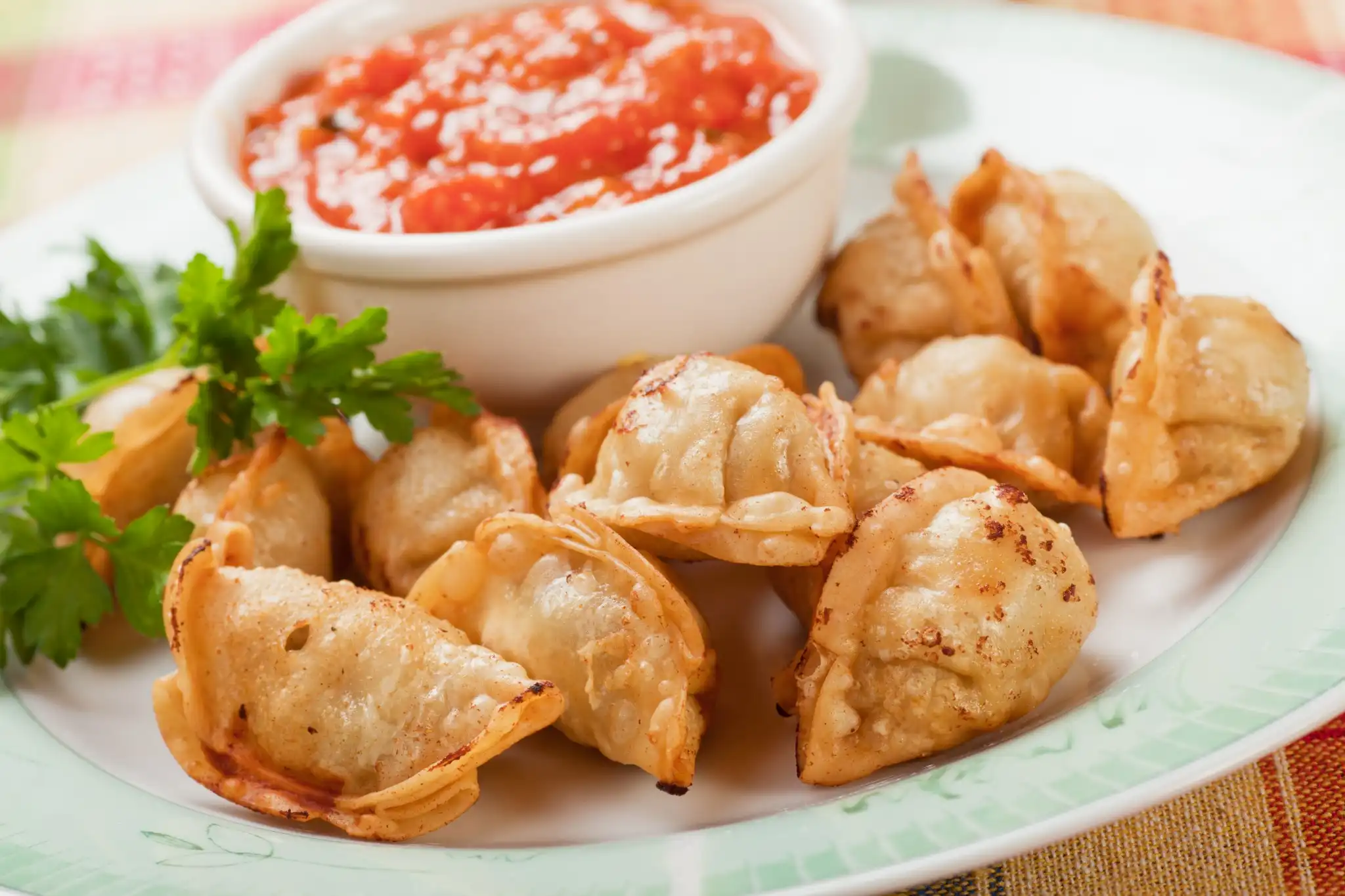 Knusprig gebratene Dumplings auf einem Teller mit frischer Petersilie und einer Schale würziger Tomaten-Chilisauce im Saigon and More Herten