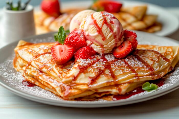 Crêpes mit frischen Erdbeeren, Vanilleeis, Erdbeersoße und Minze auf einem Dessertteller