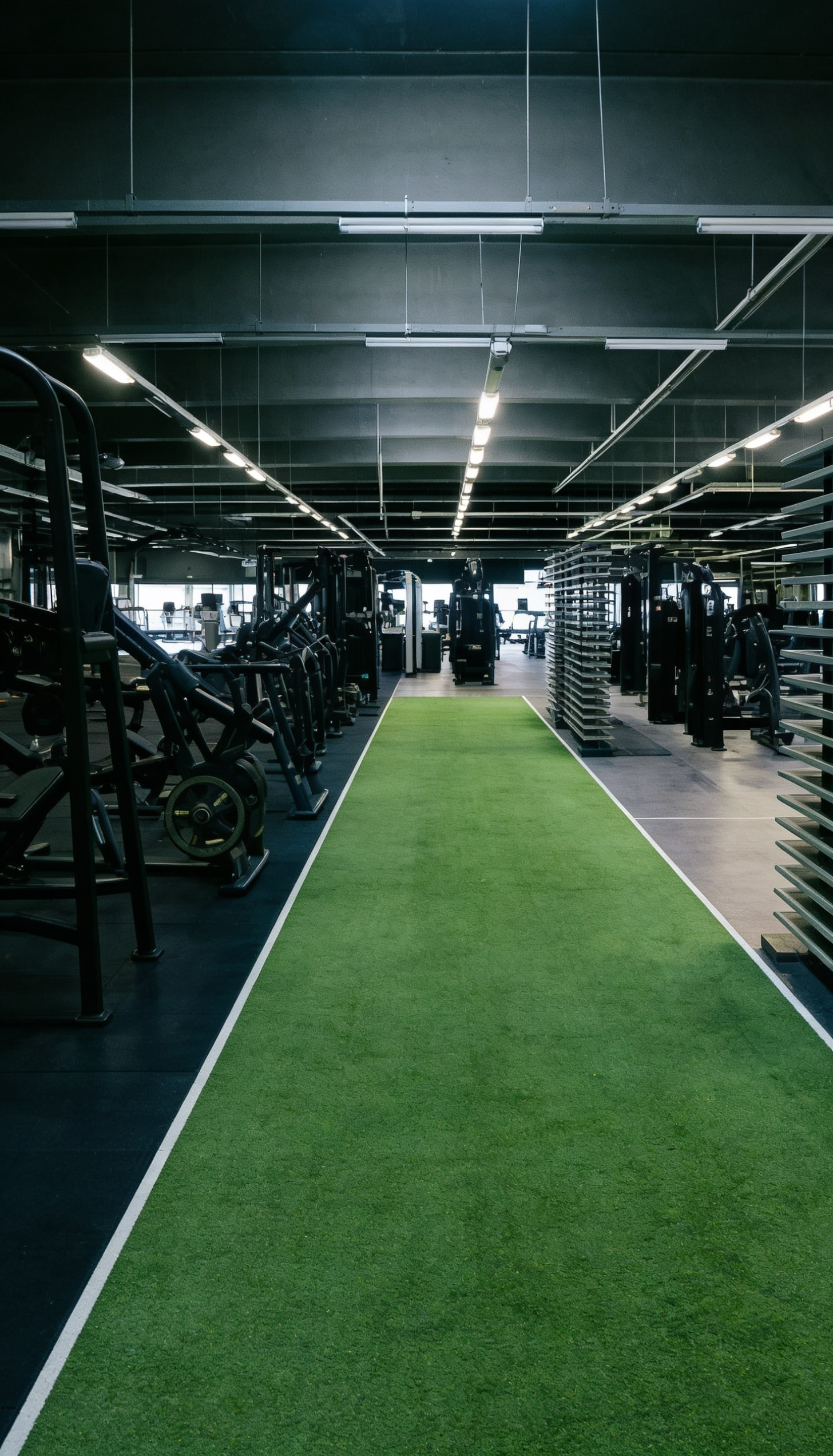 Functional Training Bereich bei EASYFITNESS Bochum – lange Kunstrasenbahn für Sprints, Schlittenziehen und Athletiktraining in modernem Fitnessstudio