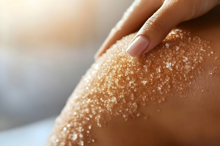 Nahaufnahme eines Buttersalz-Peelings auf der Schulter während einer Wellness-Massage