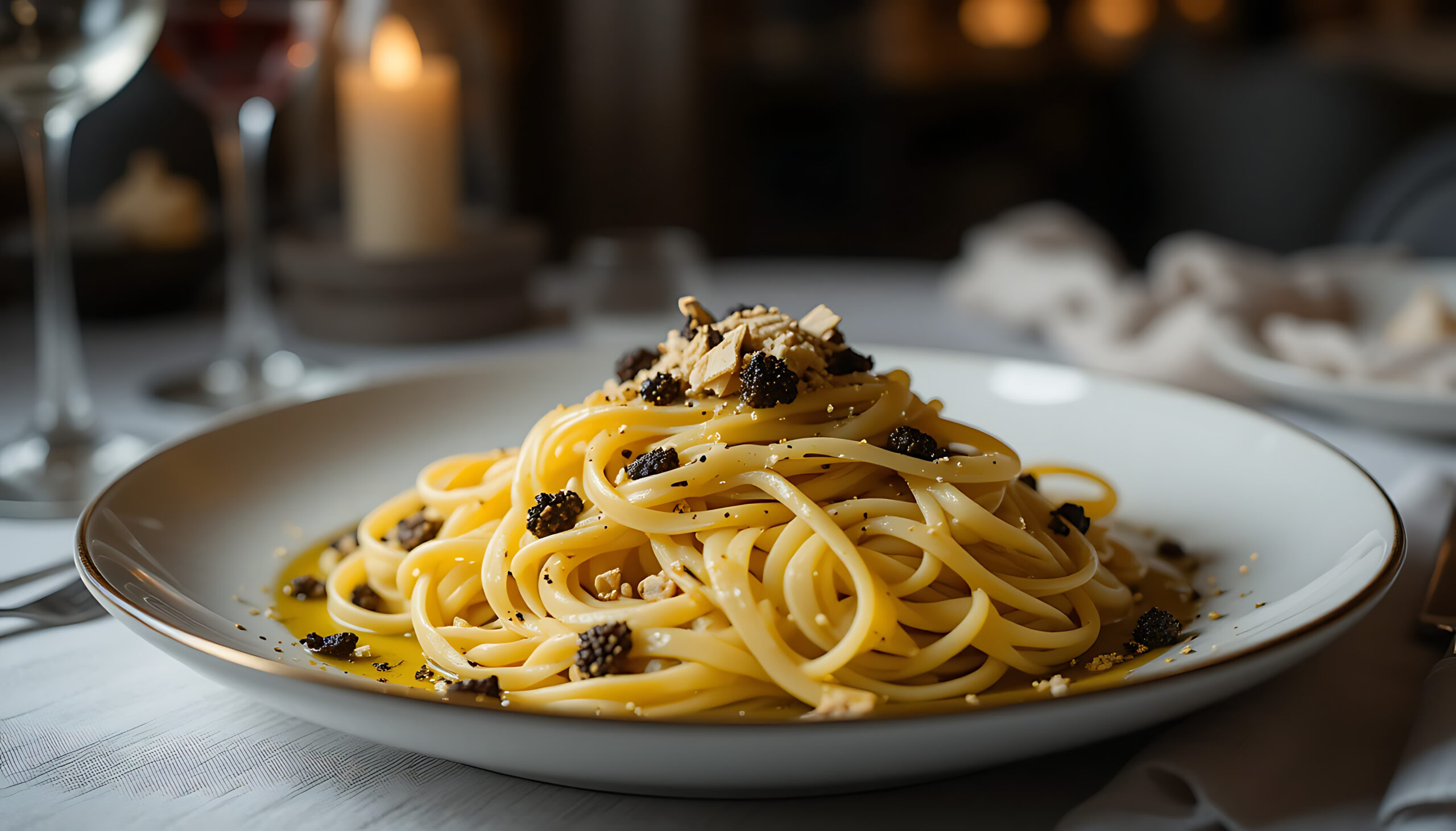 Fein angerichtete Tagliolini mit Trüffel und Parmesansplittern auf elegant gedecktem Tisch