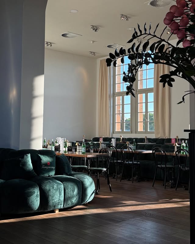 Gemütlicher Innenbereich des Restaurants KARLSON in Darmstadt mit großen Fenstern, dunkelgrünen Samtsofas und stilvollen Holztischen