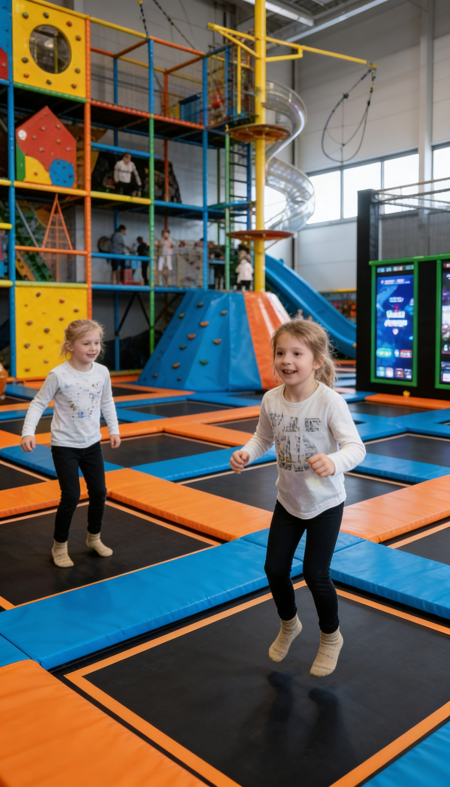 Zwei Kinder springen im Indoor-Trampolinpark HI FLY auf Trampolinen – actionreicher Freizeitspaß für Familien und Kinder