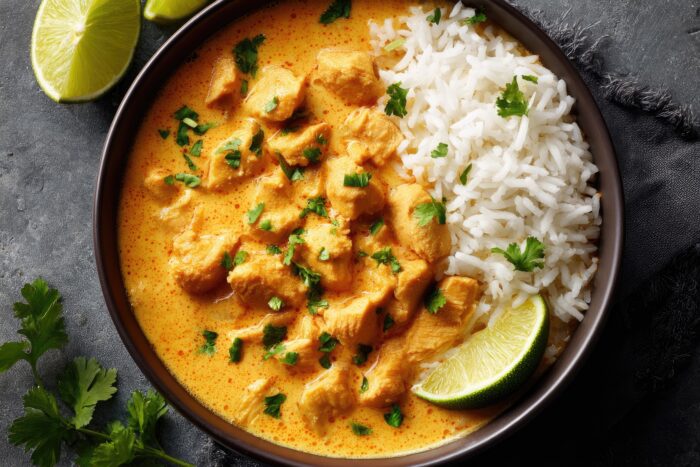 Cremiges indisches Chicken-Curry mit Basmatireis, frischem Koriander und Limette, serviert in einer Schale auf dunklem Untergrund.